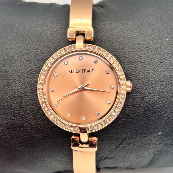 Ellen Tracy Rose Gold Crystals St. Steel 30mm Women’s Watch Working - Picture 1 of 8